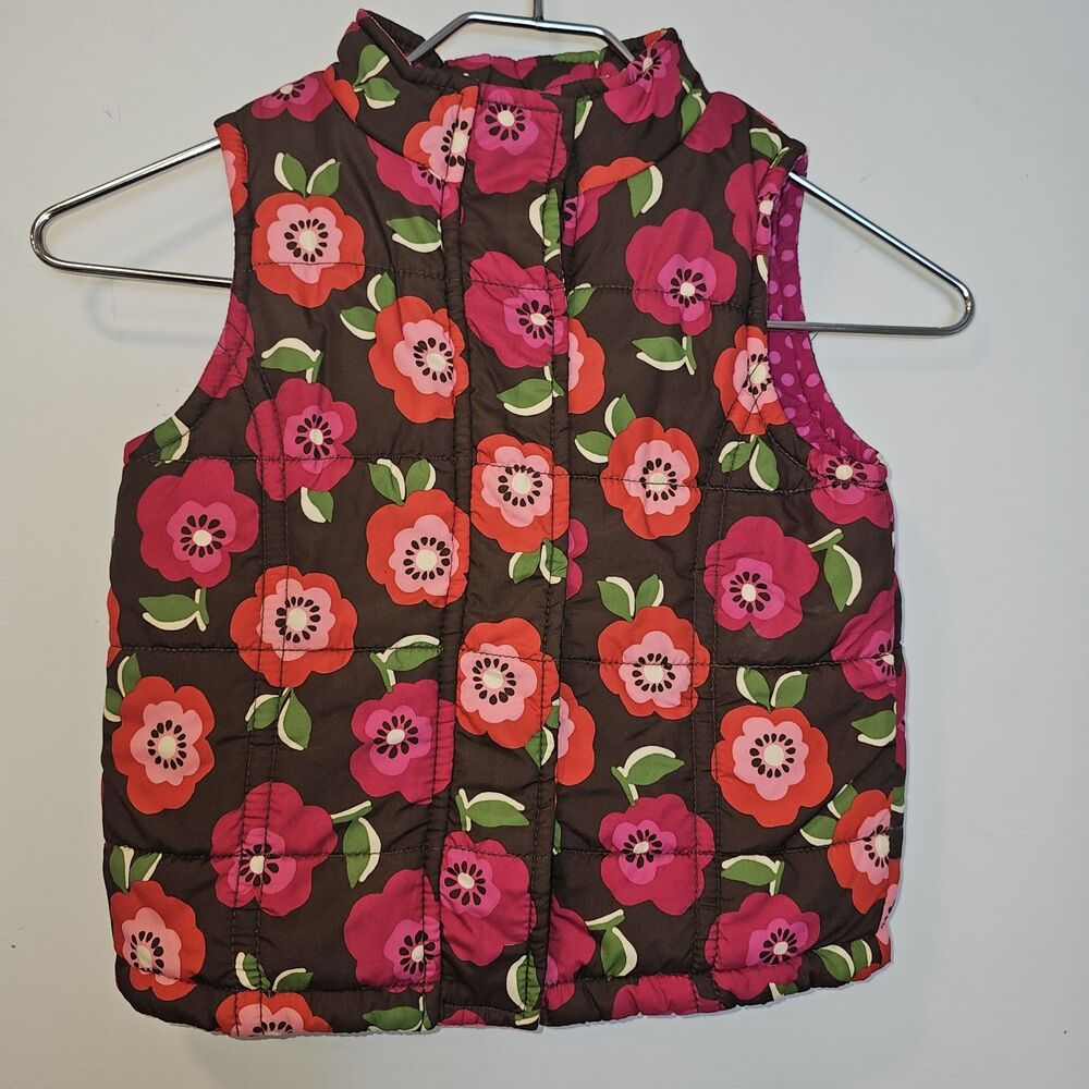 Girls Oshkosh Genuine Kids Full Zip Brown w/ Flowers Quilted Puffer Vest Size 5T